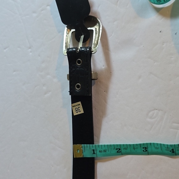 Womens Vintage Black velvet back leather belt Silver tip and buckle Sz.M/L main image 4